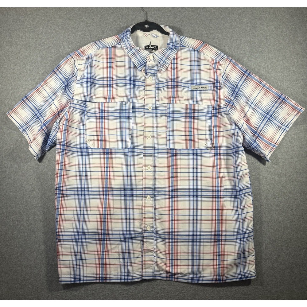 HABIT Men's XL Plaid Short Sleeve Button-Up Shirt UV Protection White Blue Red